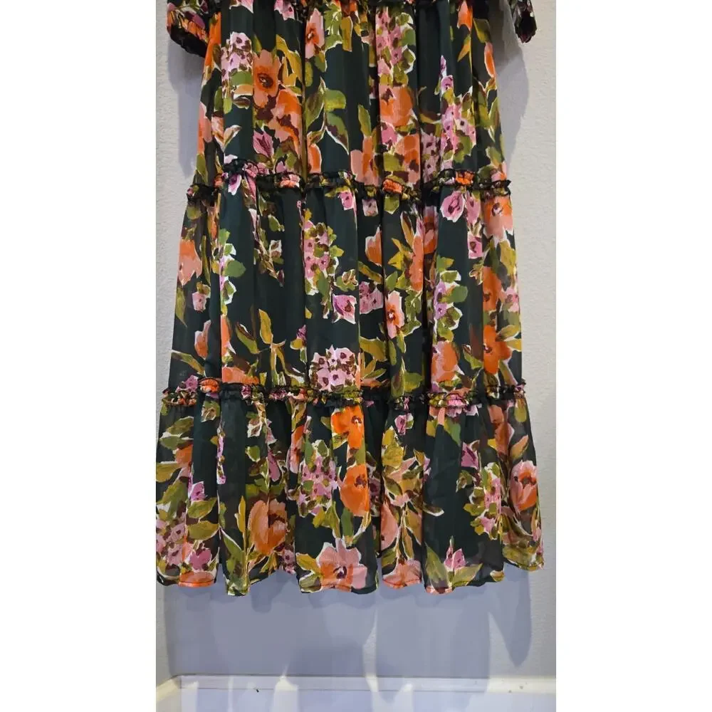 AQUA Women's Floral Deep Green Maxi Dress S Off Shoulder Long Sleeve Romantic - Picture 7 of 15